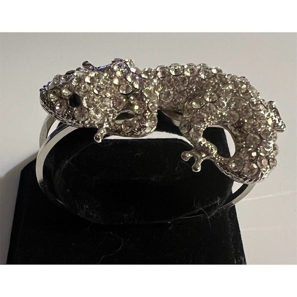 Rhinestone Gecko Lizard Hinged Cuff Bracelet Silver Tone Clear Crystal